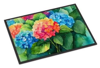 Hydrangeas in Watercolor Doormat Front Door Mat Indoor Outdoor Rugs for Entryway, Non Slip Washable Low Pile, 24H X 36W